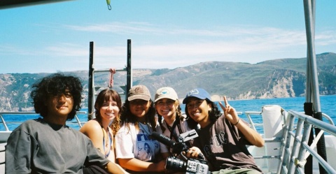 The "841" film crew (from left): director of photography Logan Asperian, sound mixer Lauren Barley, producer Macielle Villaseñor, director Rachel Burnett and editor Vincent Cuenco off the coast of Santa Cruz Island in 2023.
