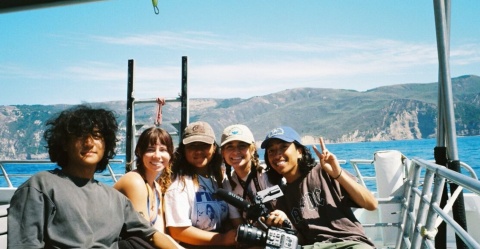 The "841" film crew (from left): director of photography Logan Asperian, sound mixer Lauren Barley, producer Macielle Villaseñor, director Rachel Burnett and editor Vincent Cuenco off the coast of Santa Cruz Island in 2023.